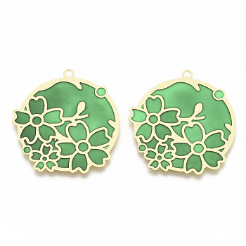 Brass Enamel Pendants, Etched Metal Embellishments, Matte Gold Color, Flat Round with Flower, Medium Sea Green, 32x30x0.3mm, Hole: 1.8mm