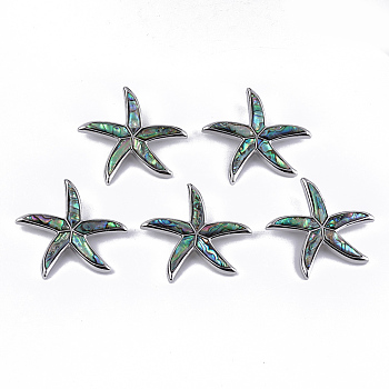 Shell Brooches/Pendants, with Resin Bottom and Alloy Findings, Starfish/Sea Stars, Platinum, Colorful, 50x55x12mm, hole: 4x6mm, Pin: 0.7mm