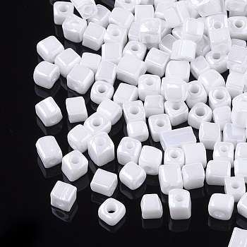 6/0 Glass Seed Beads, Opaque Colours Lustered, Round Hole, Cube, White, 3~7x3.5x3.5mm, Hole: 1.2mm, about 4500pcs/bag