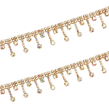 2Yards Tassel Rhinestone Cup Chains, Golden Iron Strass Chains, for Jewelry Garnet Making, with Card Paper, Crystal AB, 22x4mm