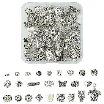 100Pcs 25 Styles Tibetan Style Alloy Beads, Cadmium Free & Lead Free, Mixed Shapes, Antique Silver, 4~11x5~12x2~7.5mm, Hole: 1.4~3.3mm, 4pcs/style