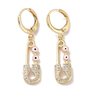 Real 18K Gold Plated Brass Dangle Leverback Earrings, with Enamel and Cubic Zirconia, Safety Pin with Evil Eye, Pink, 36.5x8mm