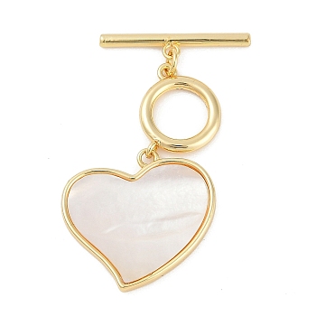 Brass Shell Toggle Clasps, Heart, Real 18K Gold Plated, Heart: 35mm long, Pendant: 21.5x22x2mm, Hole: 1.2mm, Bar: 22x4x2mm, Hole: 1.2mm