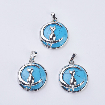Synthetic Turquoise Kitten Pendants, with Brass Findings, Flat Round with Cat & Crescent Moon Shape, Platinum, 32x27.5x10mm, Hole: 5x7mm