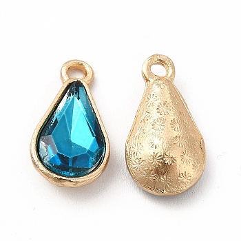 Faceted Glass Rhinestone Pendants, with Golden Zinc Alloy Setting, Teardrop Charm, Indicolite, 18x9.5x5.5mm, Hole: 1.5mm