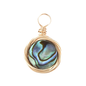 Natural Abalone Shell/Paua Shell Pendants, with Copper Wire, Flat Round, 17x10.5x2.5mm, Hole: 3mm