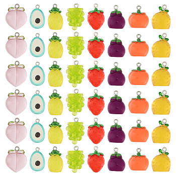 48Pcs 8 Styles Translucent Resin Pendants, Fruit Charms with Platinum Tone Iron Loops, Mixed Color, 19~23.5x13~17.5x11~17mm, Hole: 2mm, 6pcs/style