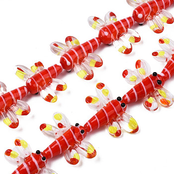 Autumn Theme Handmade Lampwork Beads Strands, Dragonfly, Red, 25~27x35~37x7~9mm, Hole: 1.2mm, about 20pcs/strand, 18.50~19.69 inch(47~50cm)