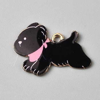 Zinc Alloy Enamel Pendants, Dog Charm, Light Gold, Black, 17.5~18x25x1mm, Hole: 2mm