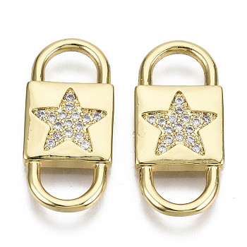 Brass Micro Pave Clear Cubic Zirconia Links Connectors, Nickel Free, Lock with Star, Real 16K Gold Plated, 22x10x2mm, Hole: 6x4mm