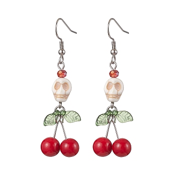 Glass Beads Earrings, with Turquoise, 316 Surgical Stainless Steel Cherry Earring Hooks, Jewely for Women, Skull, 60x17mm