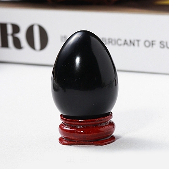 Easter Raw Natural Obsidian Egg Display Decorations, Wood Base Reiki Stones Statues for Home Office Decorations, 40x25mm