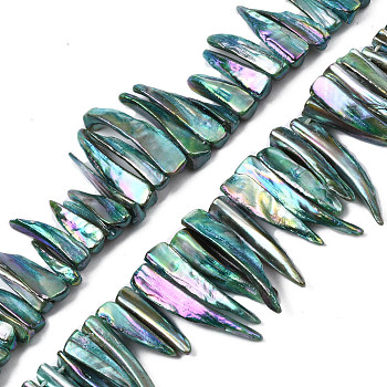 Electroplated Natural Freshwater Shell Beads, Teardrop, AB Color, Medium Aquamarine, 14~34x4~11x2~7mm, Hole: 1mm, about 57~78pcs/strand, 14.37 inch~15.35 inch(36.5~39cm)
