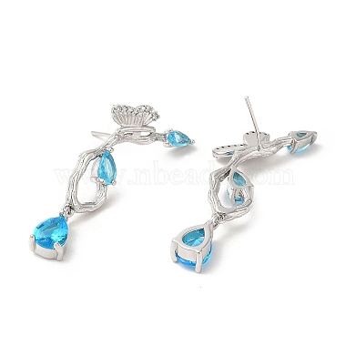 Papillon bleu ciel en zircone cubique avec boucle d'oreille pendante en forme de larme(EJEW-H092-02P)-2