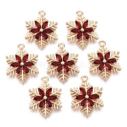 Christmas Brass Glass Pendants, Long-Lasting Plated, Snowflake, Light Gold, Red, 21x16x3mm, Hole: 1.6mm(X-KK-R111-009-A02)