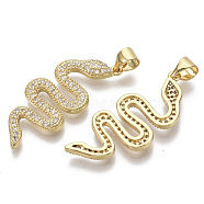 Brass Micro Pave Cubic Zirconia Pendants, with Brass Snap On Bails, Nickel Free, Snake, Clear, Real 16K Gold Plated, 29.5x12.5x2mm, Hole: 4x3.5mm(ZIRC-S067-038-NF)