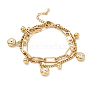 Crystal Rhinestone and Round Ball Charm Multi-strand Bracelet, Vacuum Plating 304 Stainless Steel Double Layered Chains Bracelet for Women, Golden, 7-1/2 inch(19cm)(BJEW-G639-15G)