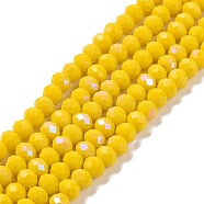 Electroplate Opaque Solid Color Glass Beads Strands, Half Rainbow Plated, Faceted, Rondelle, Yellow, 8x6mm, Hole: 1mm, about 63~65pcs/strand, 39~40cm(EGLA-A034-P8mm-L02)