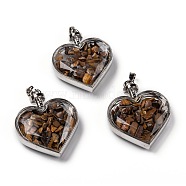 Glass Bottle Pendants, with Natural Tiger Eye Chips and Platinum Plated Alloy Findings, Heart, 40x32.5x11mm, Hole: 8x5mm(G-Z010-02I)