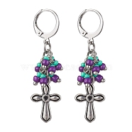 Tibetan Style Alloy Dangle Leverback Earrings, Glass Seed Cluster Earrings, Cross, 45mm(EJEW-MZ00119-03)