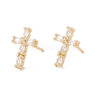 Clear Cubic Zirconia Cross Stud Earrings, Brass Jewelry for Women, Lead Free & Cadmium Free, Real 18K Gold Plated, 14x10mm, Pin: 0.8mm(KK-E005-23G)