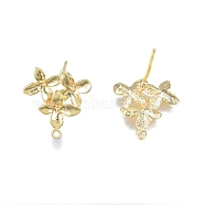 Brass Flower Stud Earring Findings, with Horizontal Loops, Nickel Free, Real 18K Gold Plated, 15x14mm, Hole: 1mm, Pin: 0.7mm(KK-N231-304)