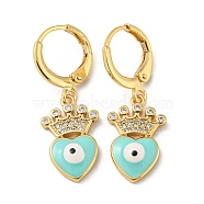 Real 18K Gold Plated Brass Dangle Leverback Earrings, with Enamel and Cubic Zirconia, Heart with Evil Eye, Cyan, 30x11mm(EJEW-A033-08G-02)