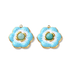 Dyed Natural White Jade Pendants, 304 Stainless Steel Enamel Flower Charms, Real 18K Gold Plated, PVD Vacuum Plating, Medium Turquoise, 22x22.5x5mm, Hole: 1.4mm(STAS-A193-10G-03)
