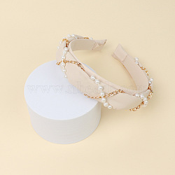 Cloth Hair Bands, with Plastic Pearl & Alloy Chains, Hair Accessories for Women Girls, Old Lace, 30mm, Inner Diameter: 140x160mm(OHAR-PW0008-004E)