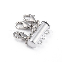 Alloy Magnetic Slide Lock Clasps, with Lobster Claw Clasps, 3-Strand, 6-Hole, Tube, Platinum, 25x20mm, Hole: 1.5mm(X-PALLOY-YW0001-17P)