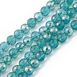 Transparent Electroplate Glass Beads Strands, Faceted(96 Facets), Round, Half Plated, Teal, 7.5~8x7mm, Hole: 1.2mm, about 70~72pcs/strand, 20.08~20.47 inch(51~52cm)(EGLA-F151-HP02)