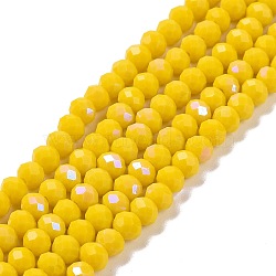 Electroplate Opaque Solid Color Glass Beads Strands, Half Rainbow Plated, Faceted, Rondelle, Yellow, 8x6mm, Hole: 1mm, about 65~68pcs/strand, 15.7~16.1 inch(40~41cm)(EGLA-A034-P8mm-L02)