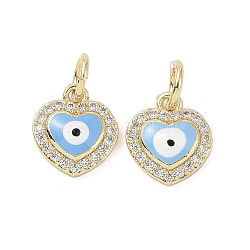 Real 18K Gold Plated Brass Micro Pave Cubic Zirconia Pendants, with Enamel and Jump Ring, Heart with Evil Eye Charms, Light Blue, 10.5x9x2.5mm, Hole: 4mm(KK-L209-074G-03)