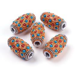 Handmade Indonesia Beads, with Metal Findings and Resin Cabochons, Platinum & Golden, Oval, Orange, 32x16.5~17mm, Hole: 4.5mm(IPDL-P003-22I)