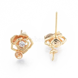 Brass Micro Pave Cubic Zirconia Stud Earring Finding, for Half Drilled Beads, Nickel Free, Flower, Real 18K Gold Plated, 16mm, Pin: 0.8mm, Tray: 2.5mm(KK-F841-12G)