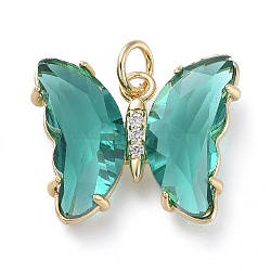 Brass Micro Pave Clear Cubic Zirconia Pendant, with Glass, Butterfly, Golden, Teal, 18mm(ZIRC-P079-B02-03)