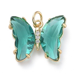 Brass Micro Pave Clear Cubic Zirconia Pendant, with Glass, Butterfly, Golden, Teal, 15x19x4.5mm, Hole: 3.5mm(ZIRC-P079-B02-03)