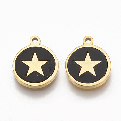 304 Stainless Steel Pentacle Charms, with Black Acrylic, Flat Round with Star, Golden, 12x10x1.5mm, Hole: 1.2mm(X-STAS-S079-128G)