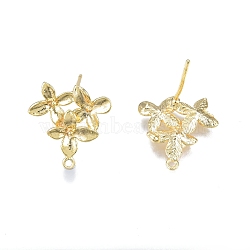 Brass Flower Stud Earring Findings, with Horizontal Loops, Nickel Free, Real 18K Gold Plated, 15x14mm, Hole: 1mm, Pin: 0.7mm(KK-N231-304)