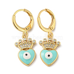 Real 18K Gold Plated Brass Dangle Leverback Earrings, with Enamel and Cubic Zirconia, Heart with Evil Eye, Cyan, 30x11mm(EJEW-A033-08G-02)