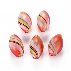 Transparent Handmade Blown Glass Globe Beads, Stripe Pattern, Rice, Crimson, 18~19x10mm, Hole: 1~2mm(GLAA-T012-11)