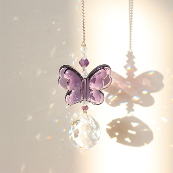 Glass Pendant Decorations,  for Home Bedroom Hanging Decorations, Butterfly, Rosy Brown, 300x35mm