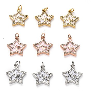 Brass Clear Cubic Zirconia Pendants, Long-Lasting Plated, with Enamel and Jump Ring, Star, Mixed Color, 16x14.5x2.5mm