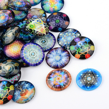 Glass Cabochons, Half Round/Dome, Kaleidoscope Pattern, Mixed Color, 25x6mm