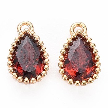 Brass Inlaid Cubic Zirconia Charms, Nickel Free, Long-Lasting Plated, Real 18K Gold Plated, Teardrop, Orange Red, 8x5x2mm, Hole: 0.8mm