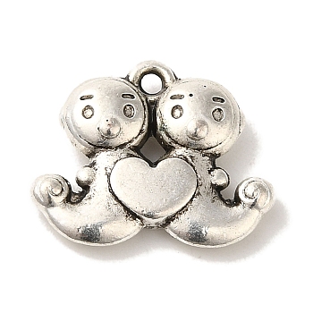 Tibetan Style Alloy Pendants, Cadmium Free & Lead Free, Twin Babies with Heart Charms, Antique Silver, 14x17x4mm, Hole: 1.4mm