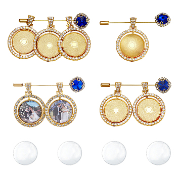 3Pcs 3 Styles Alloy Lapel Pins, Flat Round, with Alloy Pendant and Glass Cabochons, Golden, 55mm, 1pc/style