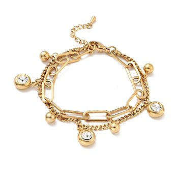 Crystal Rhinestone and Round Ball Charm Multi-strand Bracelet, Vacuum Plating 304 Stainless Steel Double Layered Chains Bracelet for Women, Golden, 7-1/2 inch(19cm)