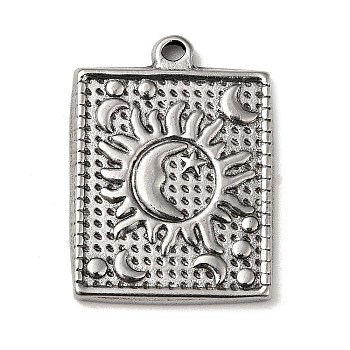 304 Stainless Steel Pendants, Rectangle with Sun & Moon Pattern Charms, Antique Silver, 22.5x17x2mm, Hole: 1.5mm
