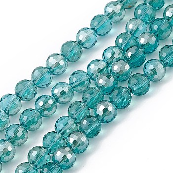 Transparent Electroplate Glass Beads Strands, Faceted(96 Facets), Round, Half Plated, Teal, 7.5~8x7mm, Hole: 1.2mm, about 70~72pcs/strand, 20.08~20.47 inch(51~52cm)